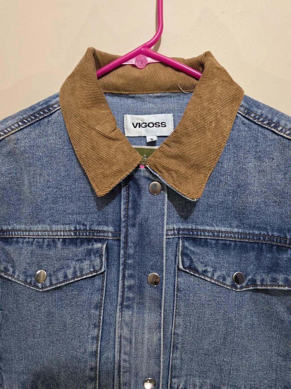 VIGOSS Cropped Denim Jacket Small Corduroy Collar Snap Front Blue - Picture 2 of 13